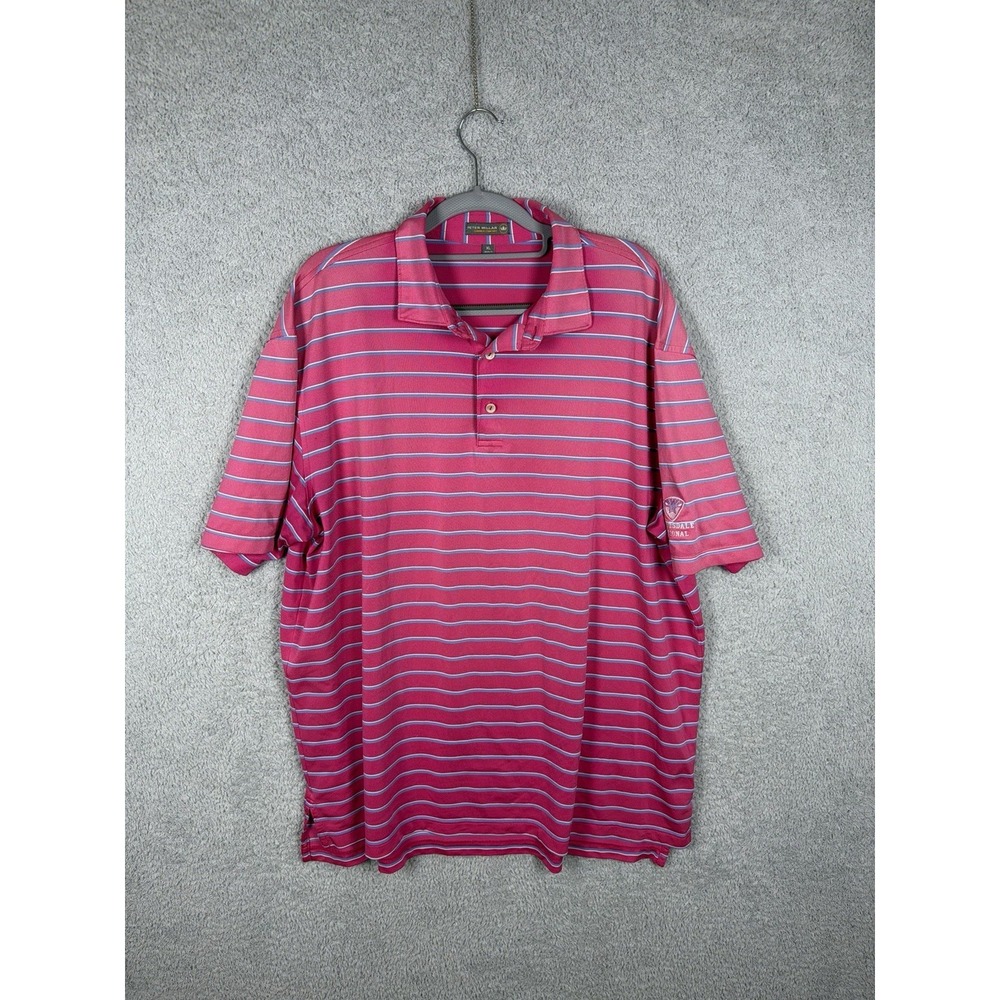 Peter Millar Pink Striped‎ Short Sleeve Golf Polo Shirt Cotton Mens Size XL